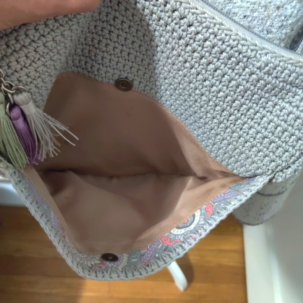 Sakroots Gray and Pink Bohemian Style Crossbody Crochet Bag - Picture 10 of 13